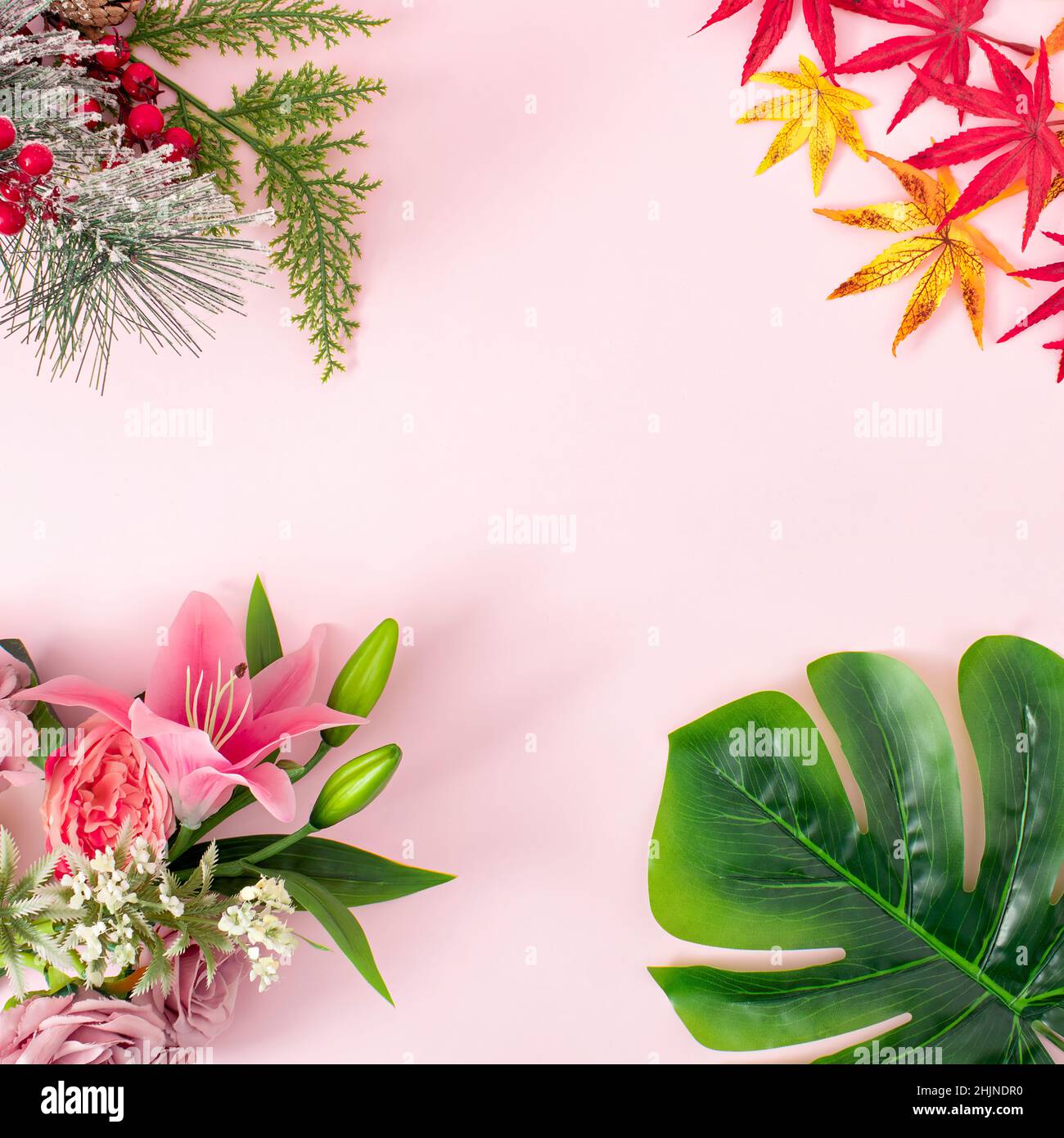 Creative layout of changing seasons on nature and flowers and leaves