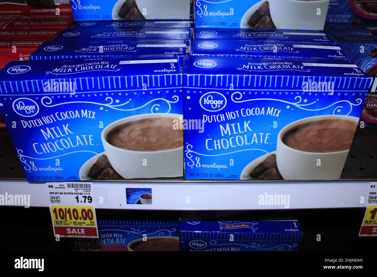 DUTCH HOT  Chocolate closeup in a box on a metal shelf at a Dillons store Stock Photo