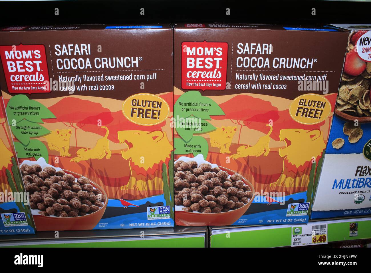 A closeup shot of MOM'S BEST cereals  SAFARI COCOA CRUNCH that's bright and colorful at a Dillons store in Kansas Stock Photo