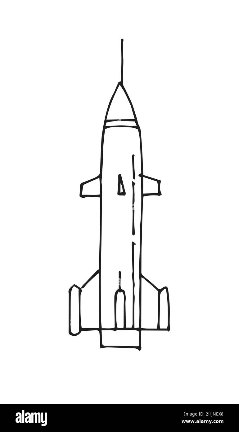 Space rocket. Beautiful space object. Simple doodle drawing in childish style. Nuclear bomb. Outline sketch. Hand drawing isolated on white background Stock Vector