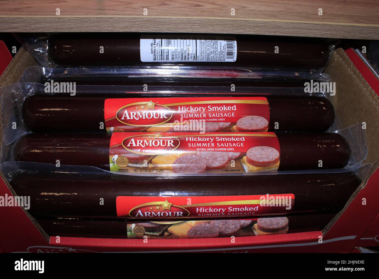 ARMOUR summer sausage shot closeup on a shelf at a Dillons grocery store Stock Photo