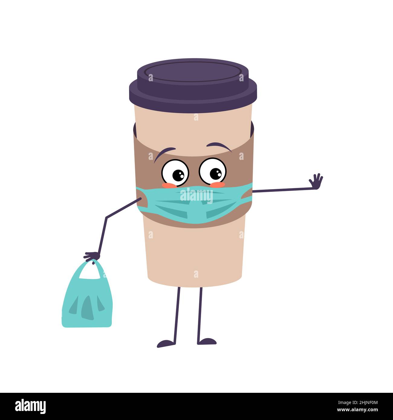 Cute cup of coffee character with emotions, face and mask keep distance, hands with shopping bag and stop gesture. A sad hero, a paper glass for a drink. Vector flat illustration Stock Vector