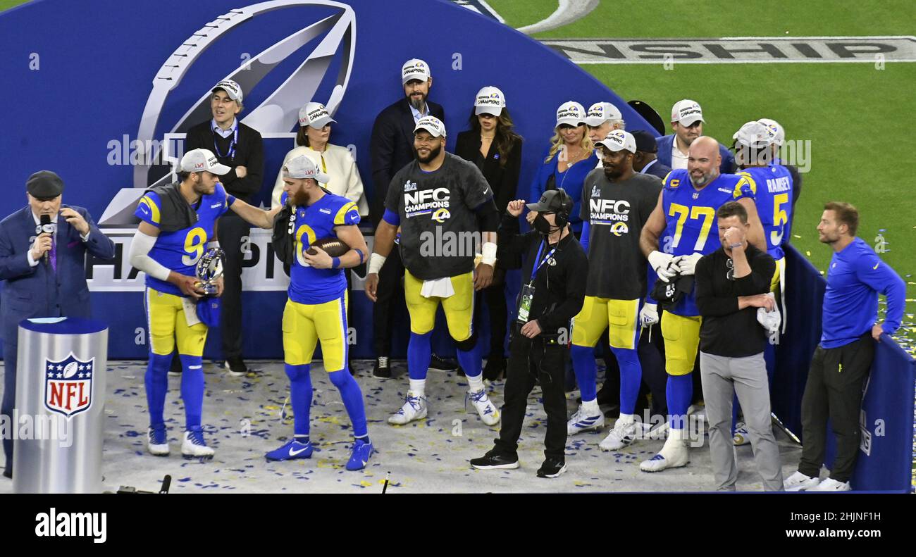 Inglewood, United States. 31st Jan, 2022. Los Angeles Rams' Matthew Stafford (9) and Cooper Kupp (0) celebrate with the George Halas Trophy and teammates after defeating the San Francisco 49ers in the NFC Championship Game at SoFi Stadium in Inglewood, California on Sunday, January 30, 2022. Photo by Jim Ruymen/UPI Credit: UPI/Alamy Live News Stock Photo