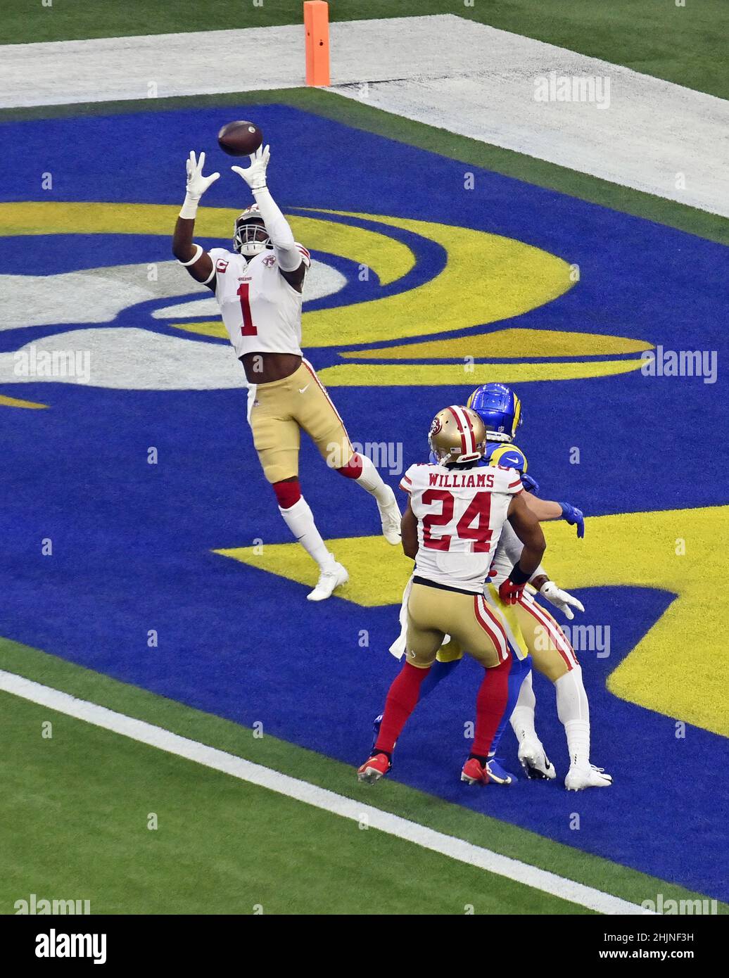 Inglewood, United States. 31st Jan, 2022. San Francisco 49ers' Jimmie Ward (1) intercepts the pass by Los Angeles Rams' quarterback Matthew Stafford during the first quarter of the NFC Championship game at SoFi Stadium in Inglewood, California on Sunday, January 30, 2022. Photo by Jim Ruymen/UPI Credit: UPI/Alamy Live News Stock Photo