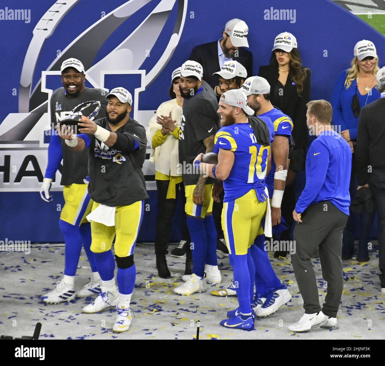 Inglewood, United States. 31st Jan, 2022. Los Angeles Rams' Aaron Donald celebrates with the George Halas Trophy and teammates after defeating the San Francisco 49ers in the NFC Championship Game at SoFi Stadium in Inglewood, California on Sunday, January 30, 2022. Photo by Jim Ruymen/UPI Credit: UPI/Alamy Live News Stock Photo