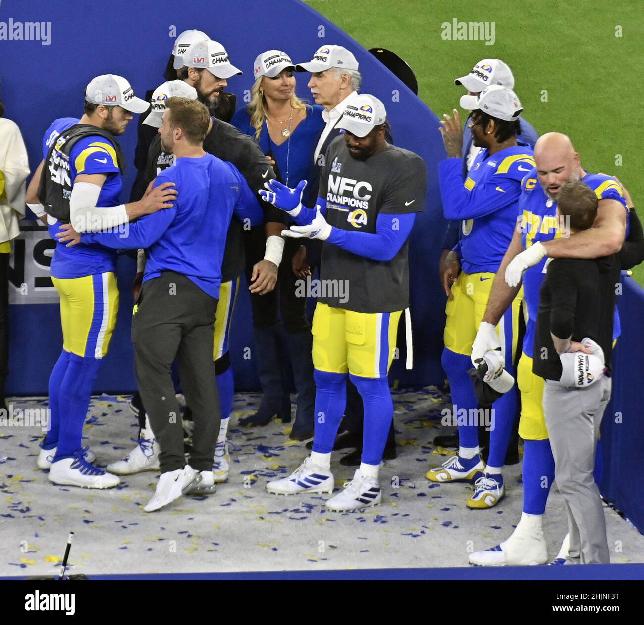 Inglewood, United States. 31st Jan, 2022. Los Angeles Rams' Matthew Stafford (9) and coach Sean McCoy celebrate with the George Halas Trophy and teammates after defeating the San Francisco 49ers in the NFC Championship Game at SoFi Stadium in Inglewood, California on Sunday, January 30, 2022. Photo by Jim Ruymen/UPI Credit: UPI/Alamy Live News Stock Photo