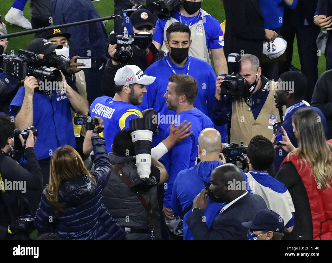 Inglewood, United States. 31st Jan, 2022. Los Angeles Rams' Matthew Stafford (9) and coach Sean McCoy celebrate after defeating the San Francisco 49ers 20-17 in the NFC Championship game at SoFi Stadium in Inglewood, California on Sunday, January 30, 2022. Photo by Jim Ruymen/UPI Credit: UPI/Alamy Live News Stock Photo