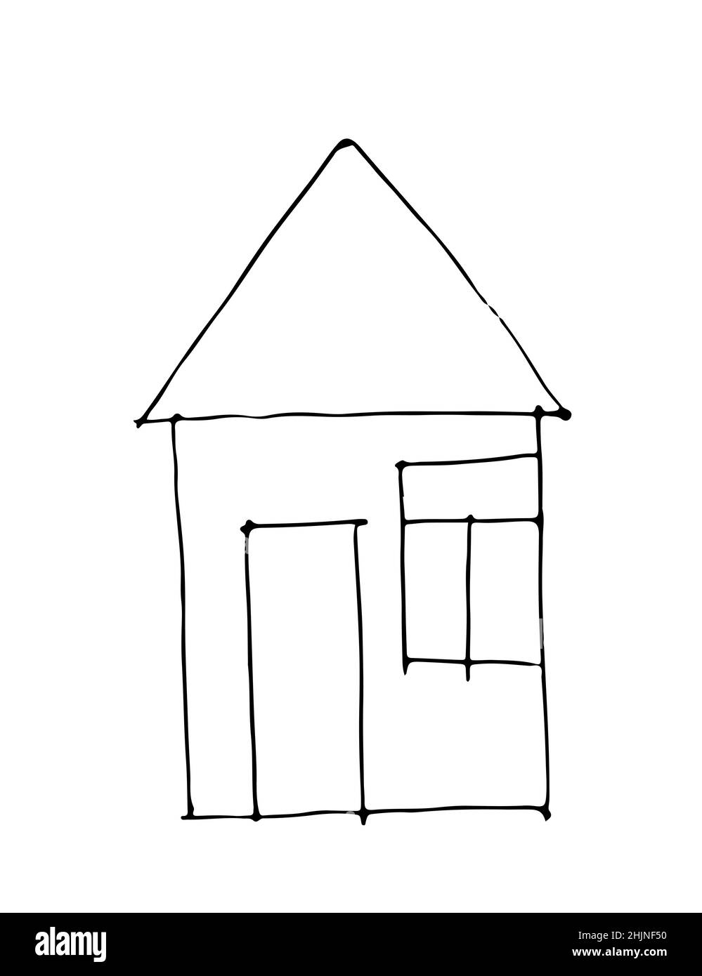 Funny house in the style of a child's drawing. Outline sketch. Hand drawing is isolated on a white background. Vector Stock Vector