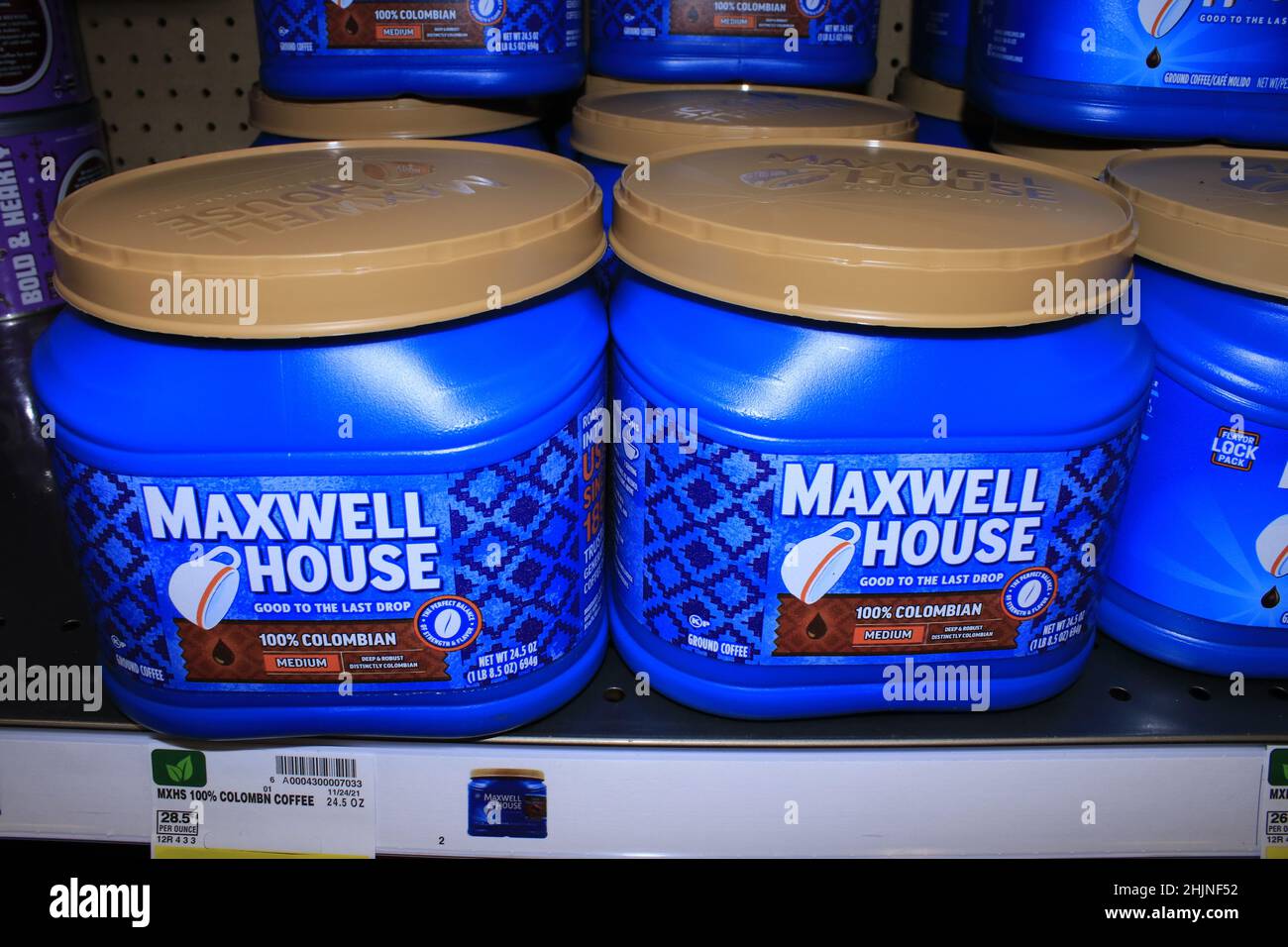 MAXWELL HOUSE Coffee on a metal shelf shot closeup Stock Photo