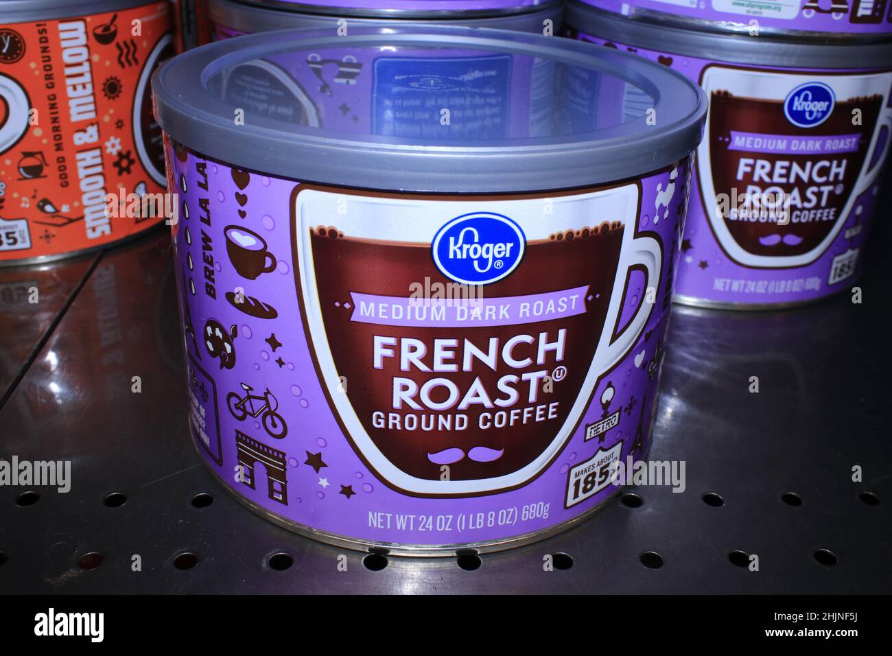 Kroger French Roast Coffee shot closeup on a metal shelf  at a Dillons grocery store Stock Photo