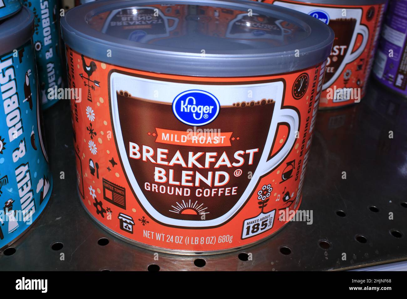 Kroger Breakfast Blend Coffee shot closeup on a metal shelf at a Dillons grocery store Stock Photo