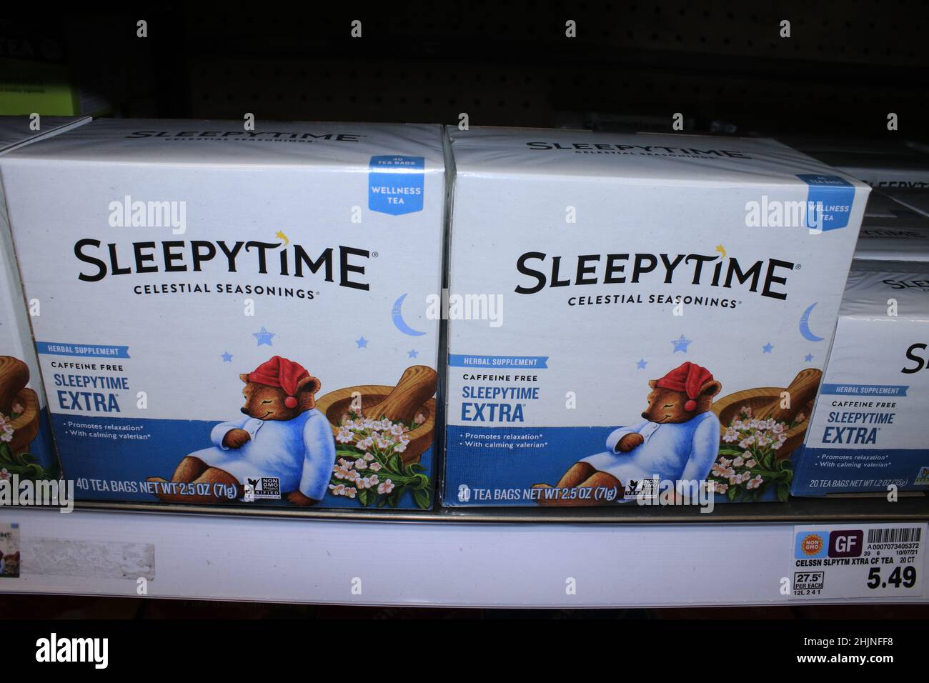 SLEEPYTIME tea on a metal shelf shot closeup Stock Photo