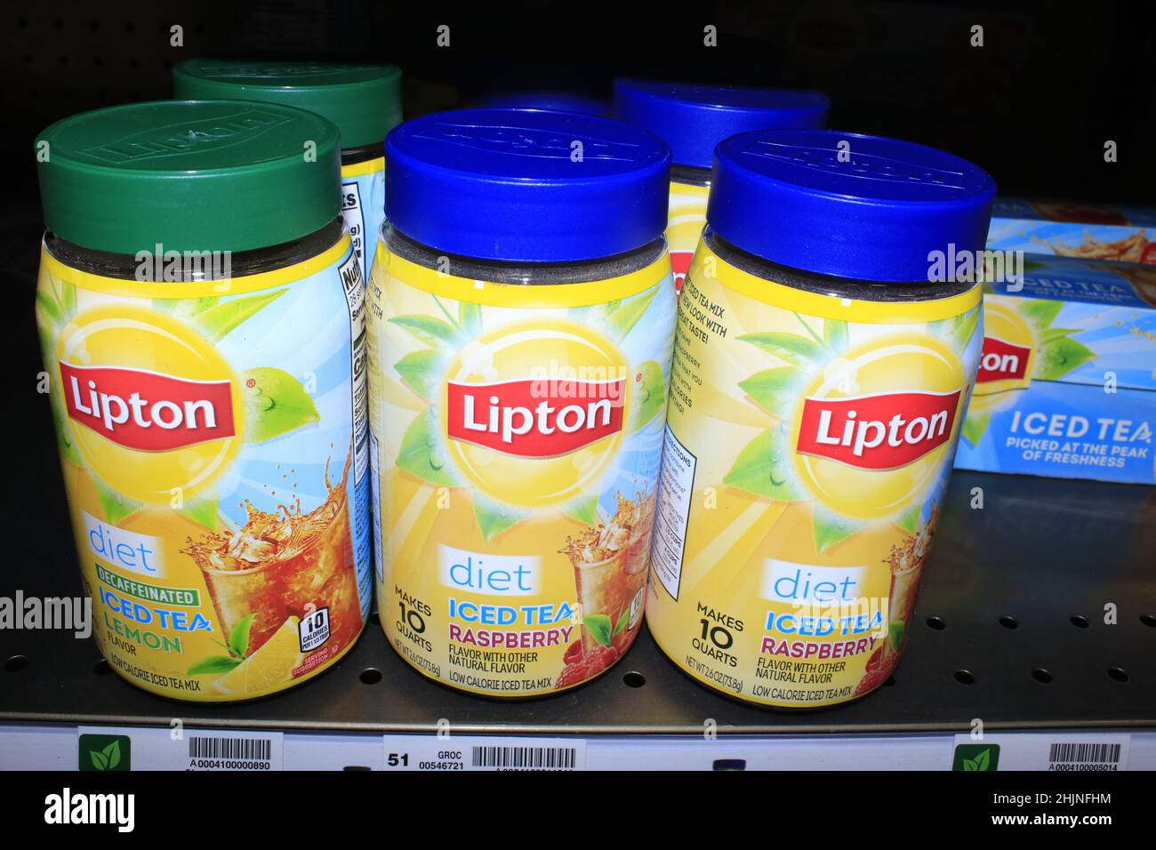 A closeup of Lipton Diet Tea on a metal shelf at a Dillons store in Kansas Stock Photo