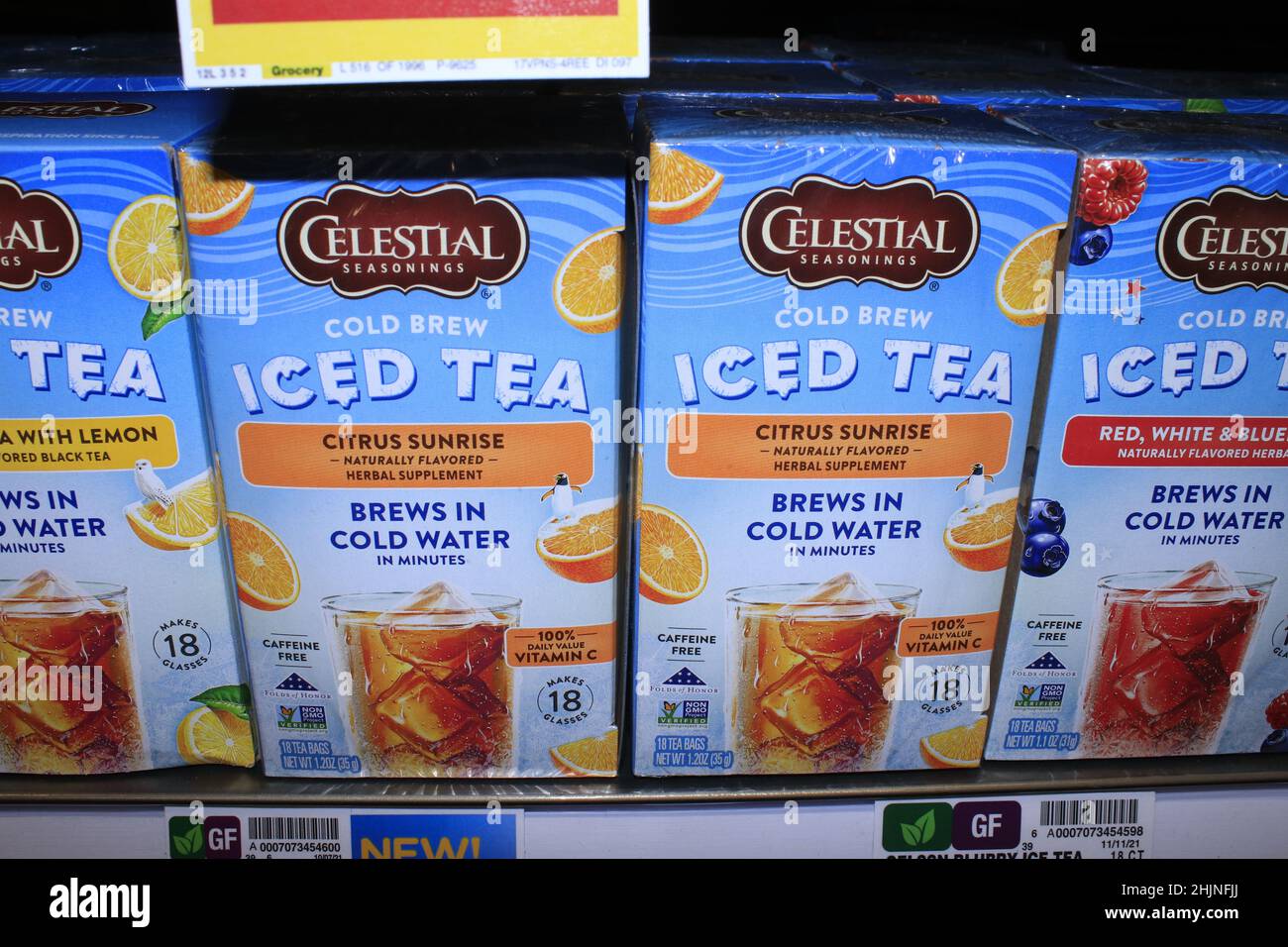 A closeup of CELESTIAL SEASONINGS COLD BREW ICE TEA that Brews in cold water on a metal shelf in boxes  at a Dillons store in Kansas Stock Photo