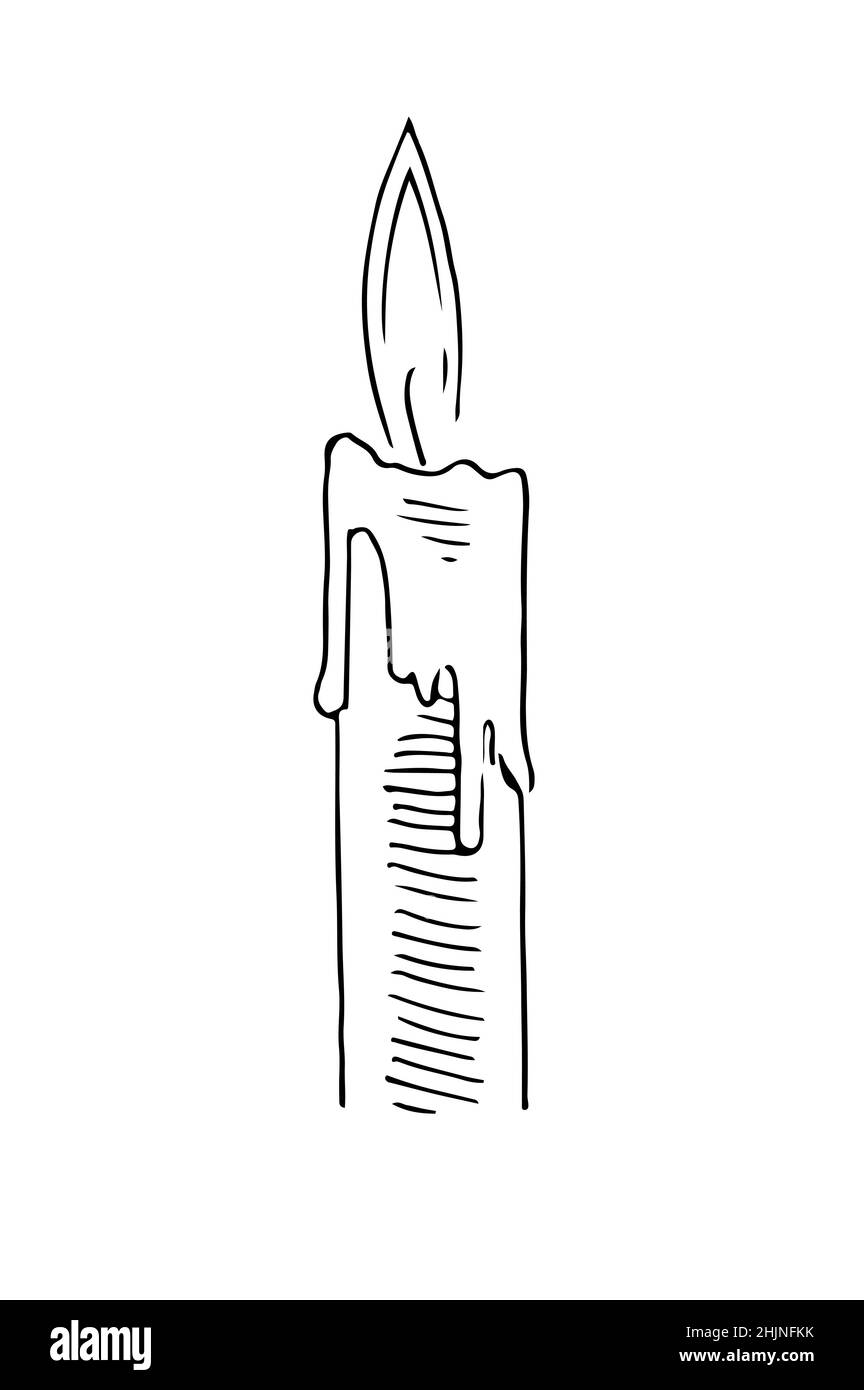 Burning wax candle. Outline sketch. Hand drawing is isolated on a white