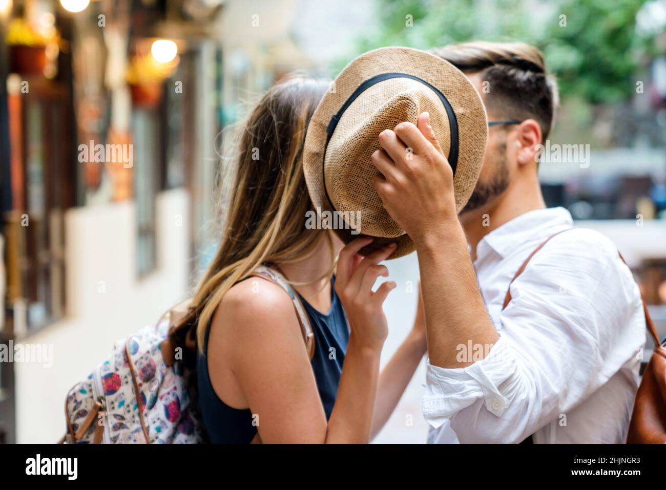 Portrait of happy couple having date and fun on vacation. People travel ...