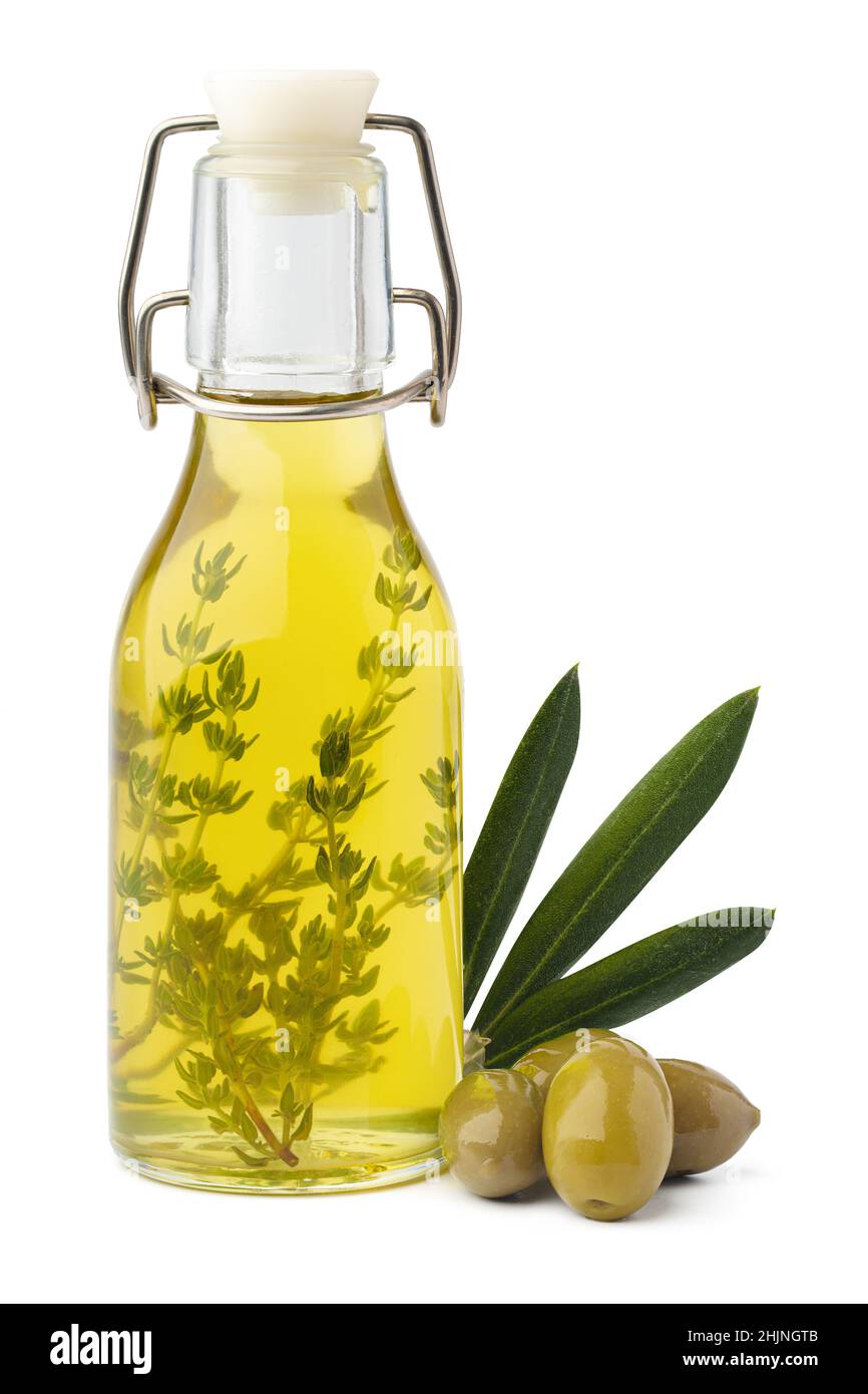 Glass bottle with olive oil isolated on white background Stock Photo