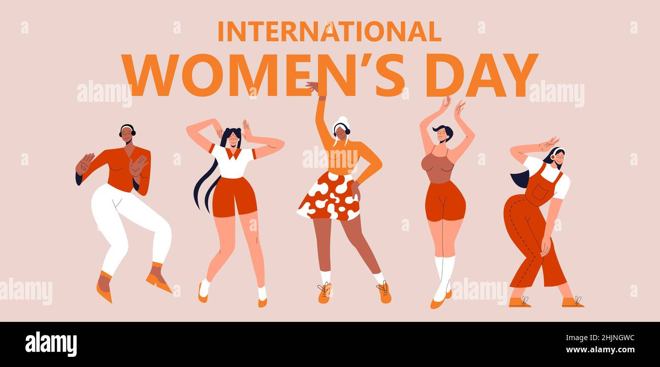International womens day. Set of diverse modern young woman dancing from joy and fun. Flat vector illustration. Vector illustration in flat style for Stock Vector