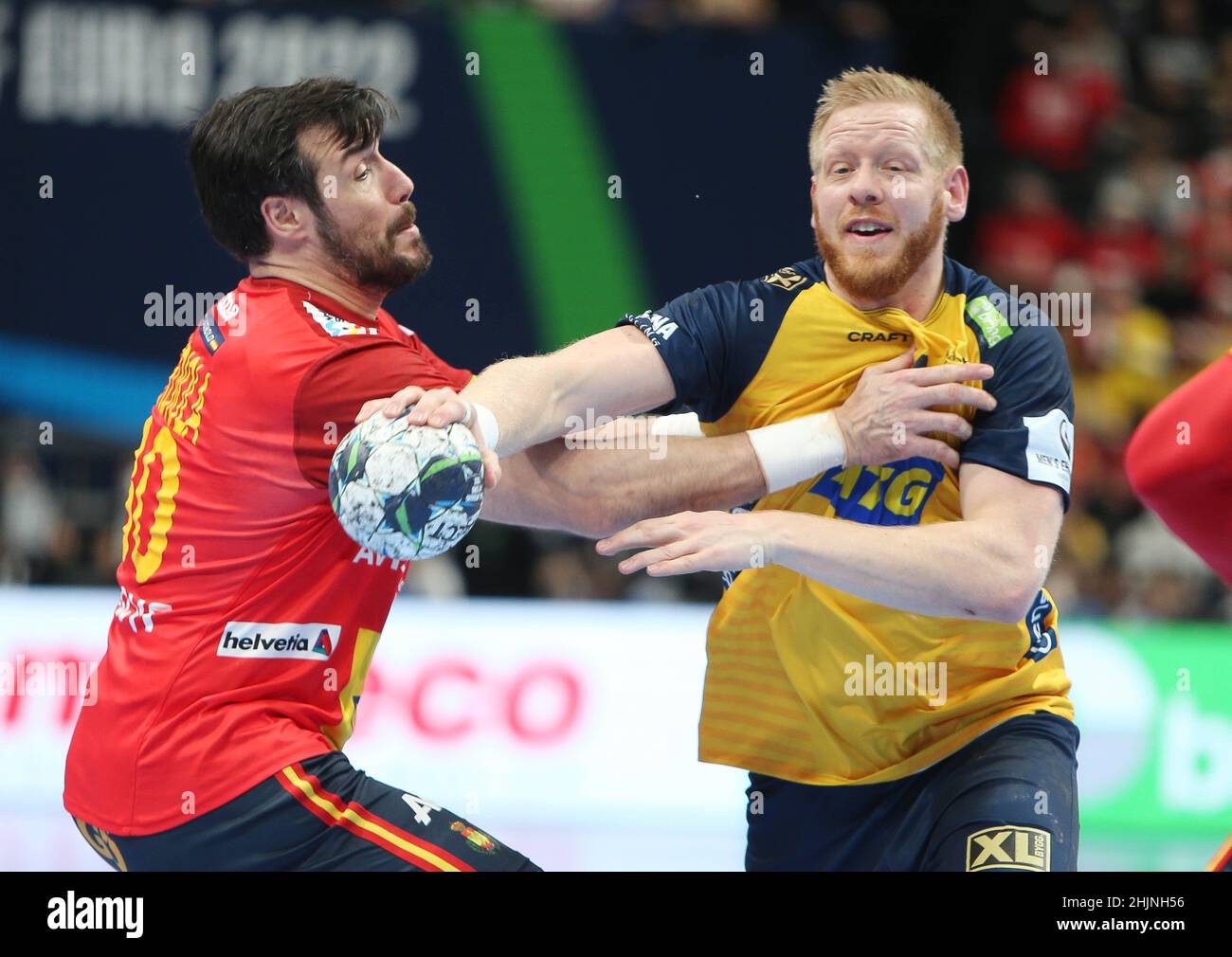 Jim Gottfridsson of Sweden and Gedeon Guardiola of Spain during the EHF Men's Euro, Final handball match between Sweden and Spain on January 30, 2022 at Budapest Multifunctional Arena in Budapest, Hungary - Photo Laurent Lairys / DPPI Stock Photo