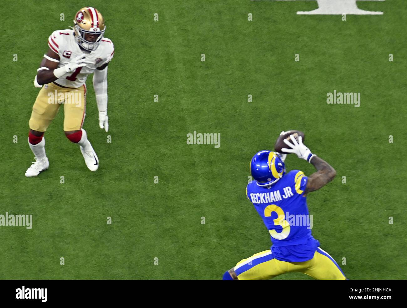Inglewood, United States. 31st Jan, 2022. Los Angeles Rams' Odell Beckham Jr. (3) makes the reception for first down during the fourth quarter against the San Francisco 49ers in their NFC Championship game at SoFi Stadium in Inglewood, California on Sunday, January 30, 2022. Photo by Jim Ruymen/UPI Credit: UPI/Alamy Live News Stock Photo