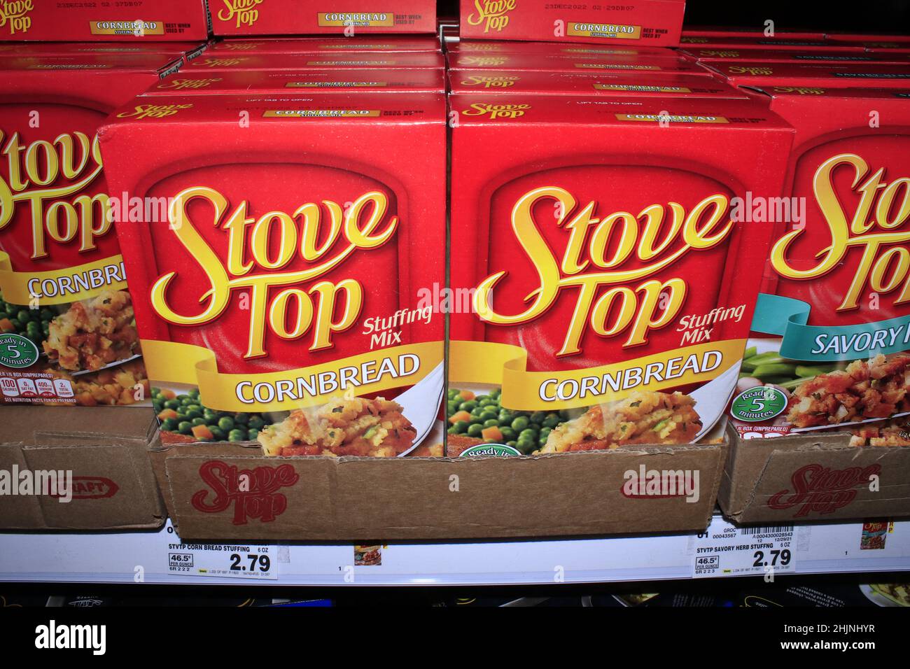 STOVE TOP Corn Bread closeup on a shelf Stock Photo