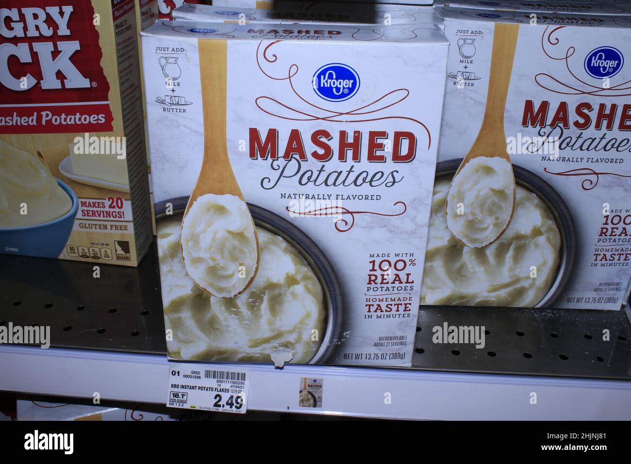 A closeup of Kroger Mashed Potatoes that's bright and colorful in boxes