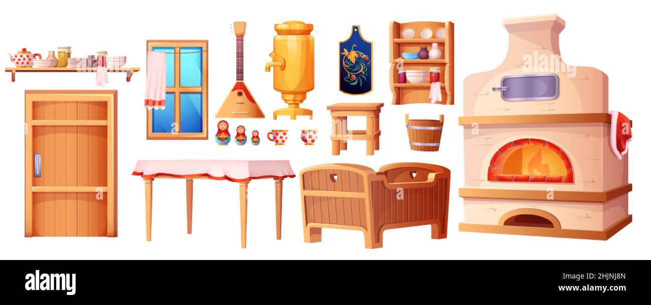 Cartoon old interior elements of the Russian hut. Ancient kitchen with traditional stove, wooden baby cradle, table, samovar set isolated on white background. Ukrainian rural house with window, door. Stock Vector