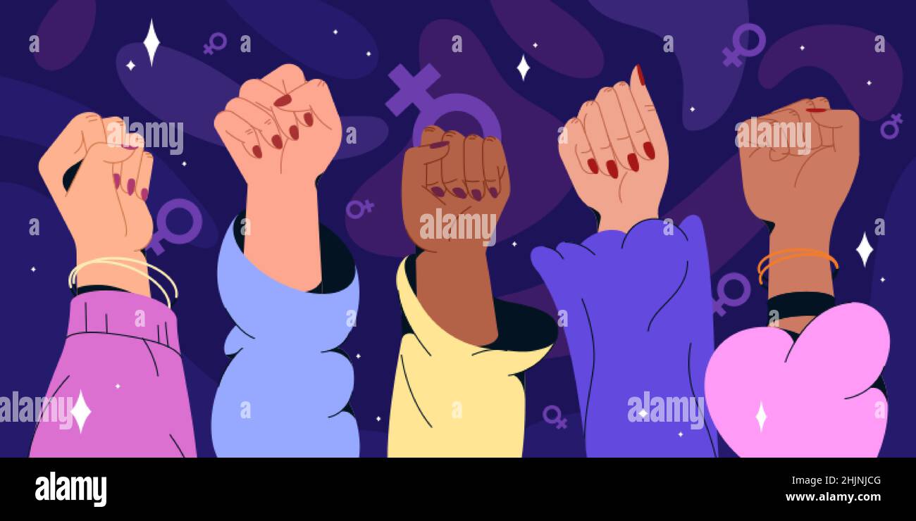 Flat women hands different nationalities with feminism fists raised up