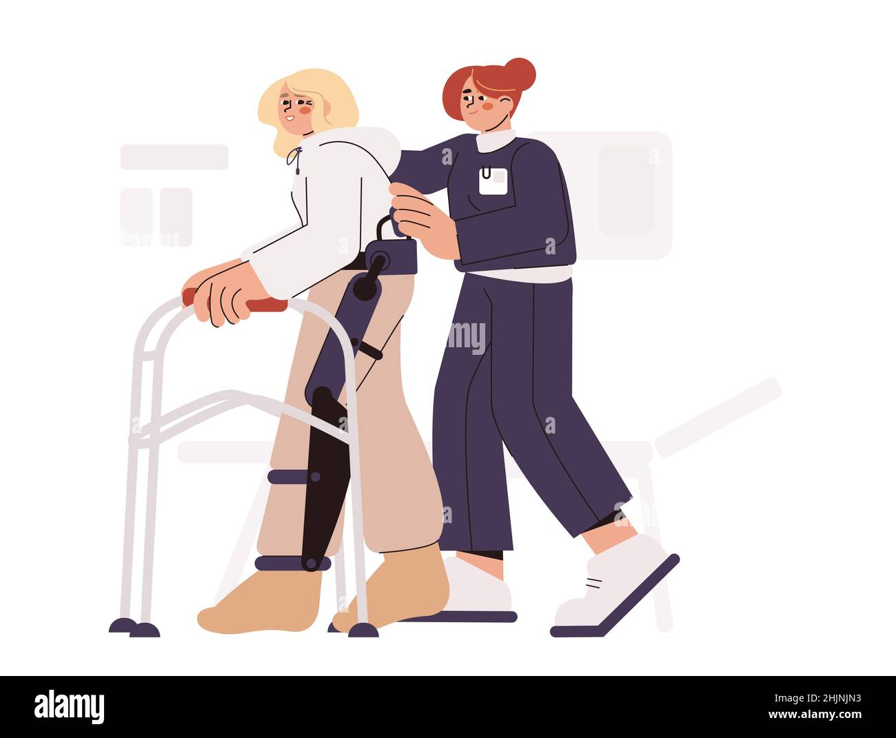 Flat physiotherapy doctor help patient to walk with rehab walkers. Physiotherapist support woman after surgery. Medical rehabilitation concept. Exercises for recovery and mobility leg after injury. Stock Vector