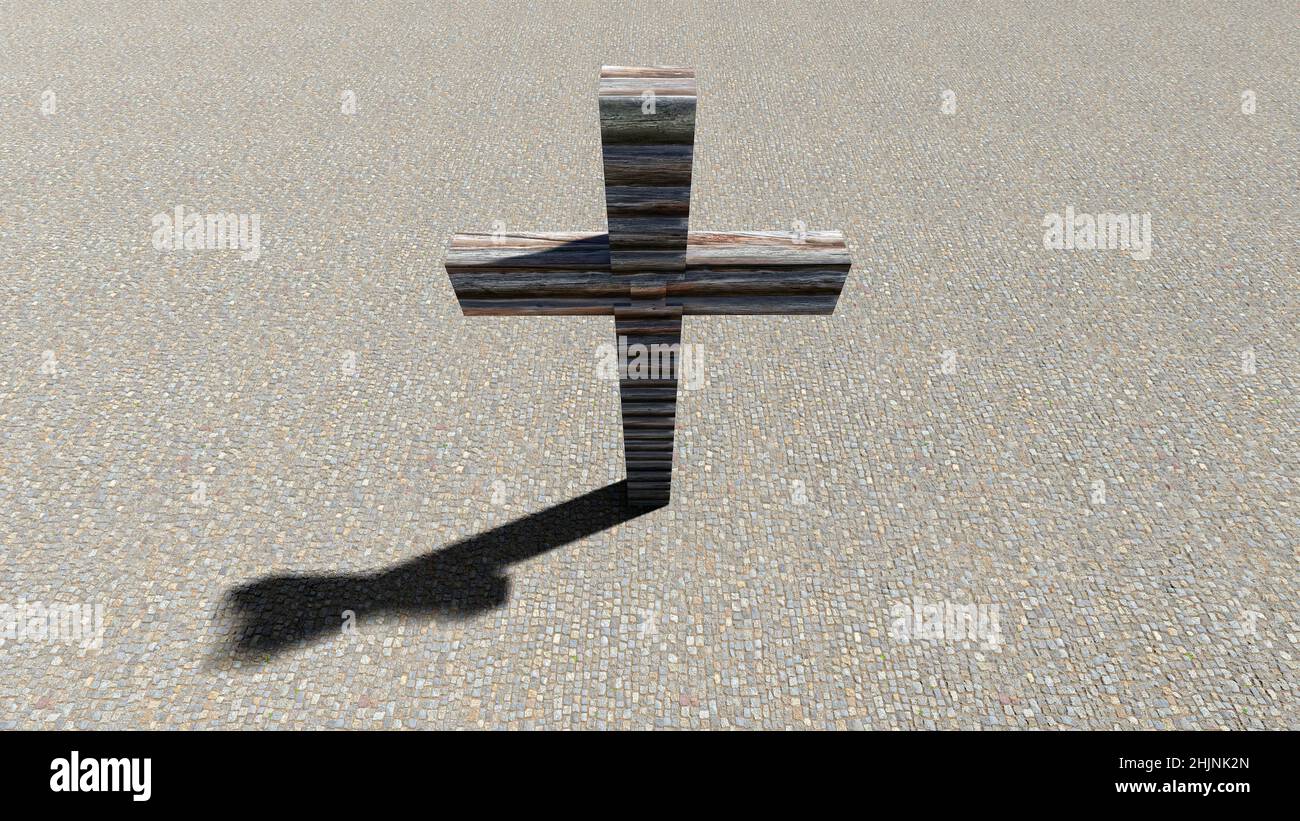 Concept or conceptual wooden logg cross on a stone pavement background. 3d illustration metaphor for God, Christ, Christianity, religious, faith, holy Stock Photo