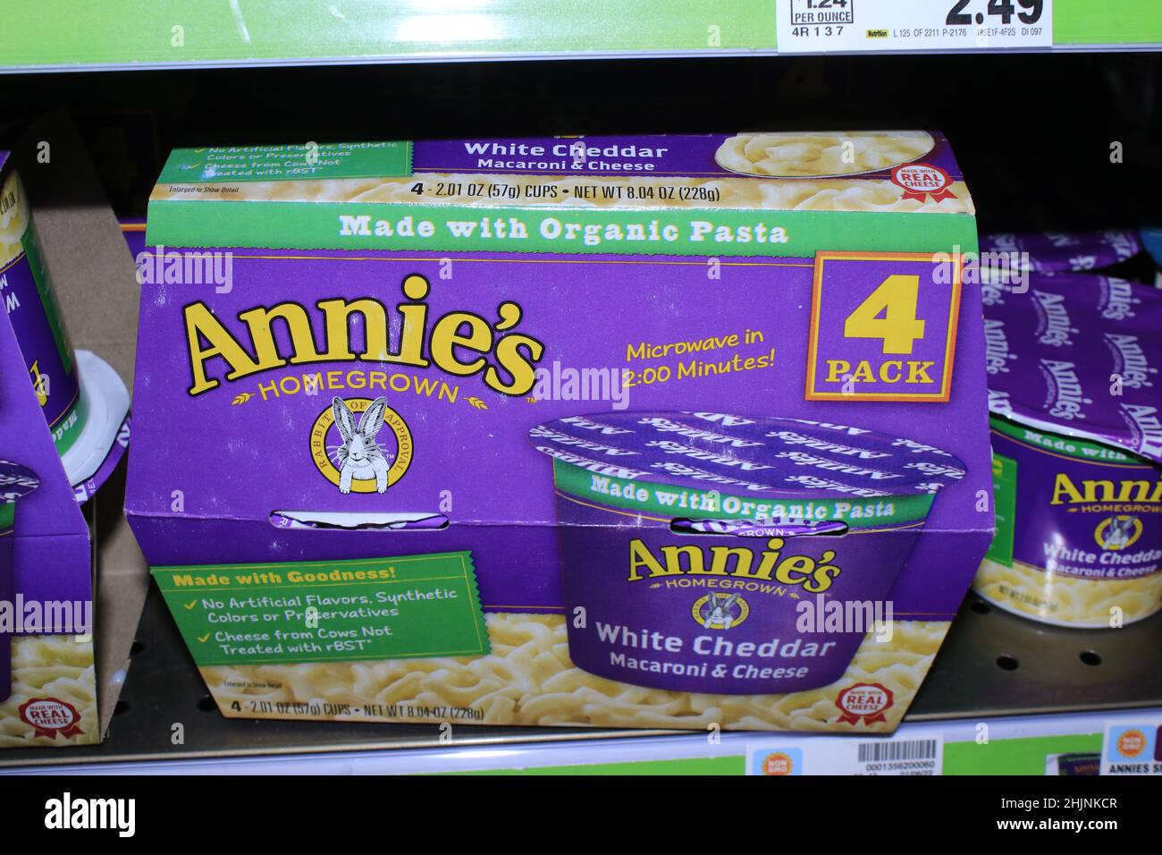 Annie's Macaroni and cheese closeup on a metal shelf at a Dillons store in Kansas Stock Photo