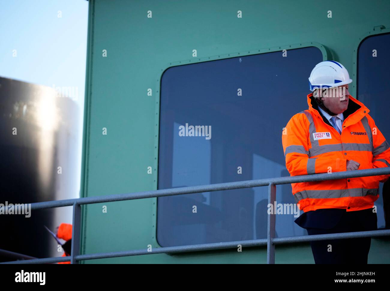Prime Minister Boris Johnson stands on a control tower during a visit to the Tilbury Docks in Essex. Picture date: Monday January 31, 2022. Stock Photo