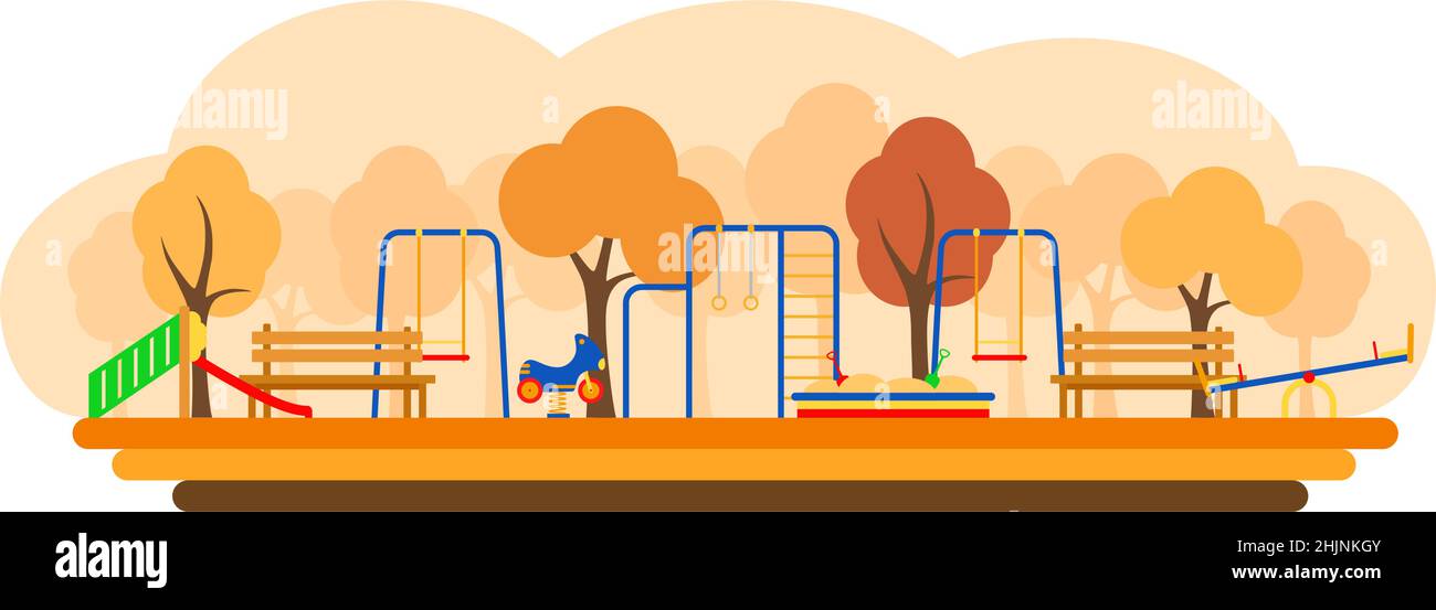 Kids playground with playing equipment, vector illustration. Flat style Stock Vector
