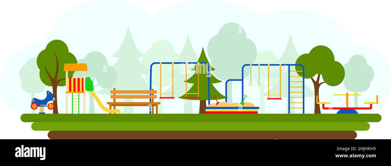 Kids playground with playing equipment, vector illustration. Flat style Stock Vector