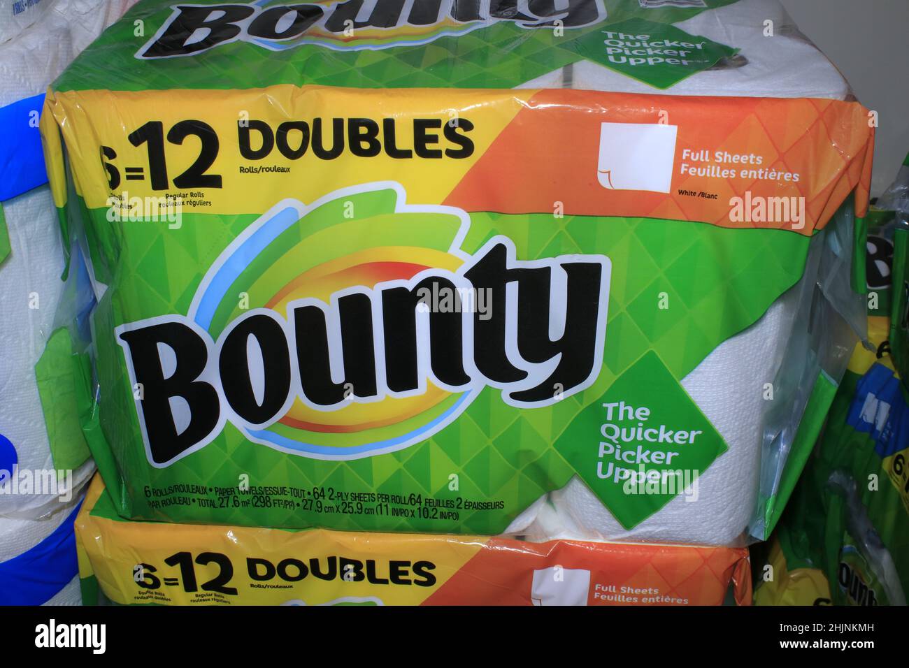 A closeup shot of Bounty Paper Towels on a metal shelf at a Dillons store in Kansas that's bright and colorful Stock Photo
