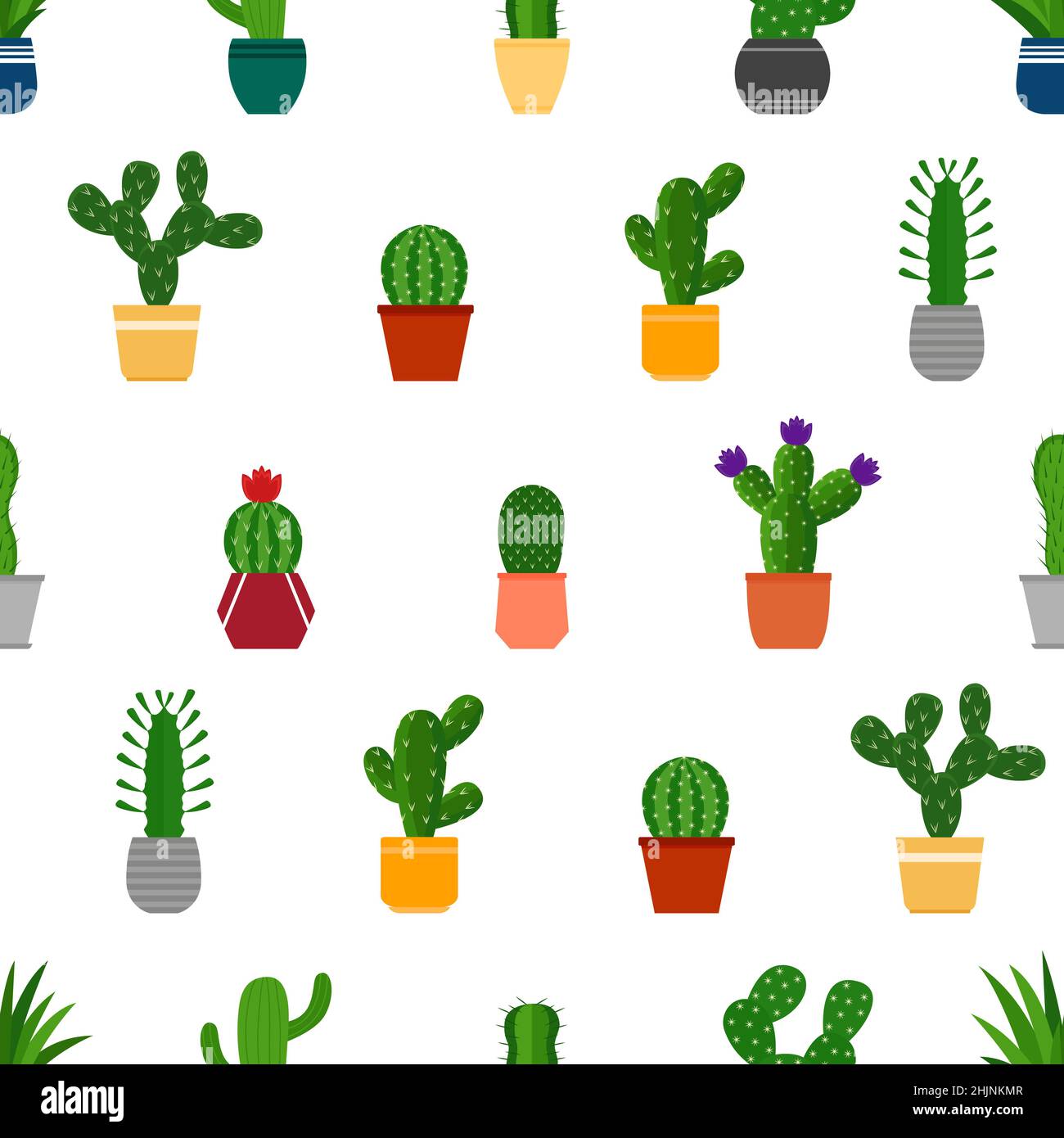Seamless background with cactuses in pots, vector illustration Stock Vector