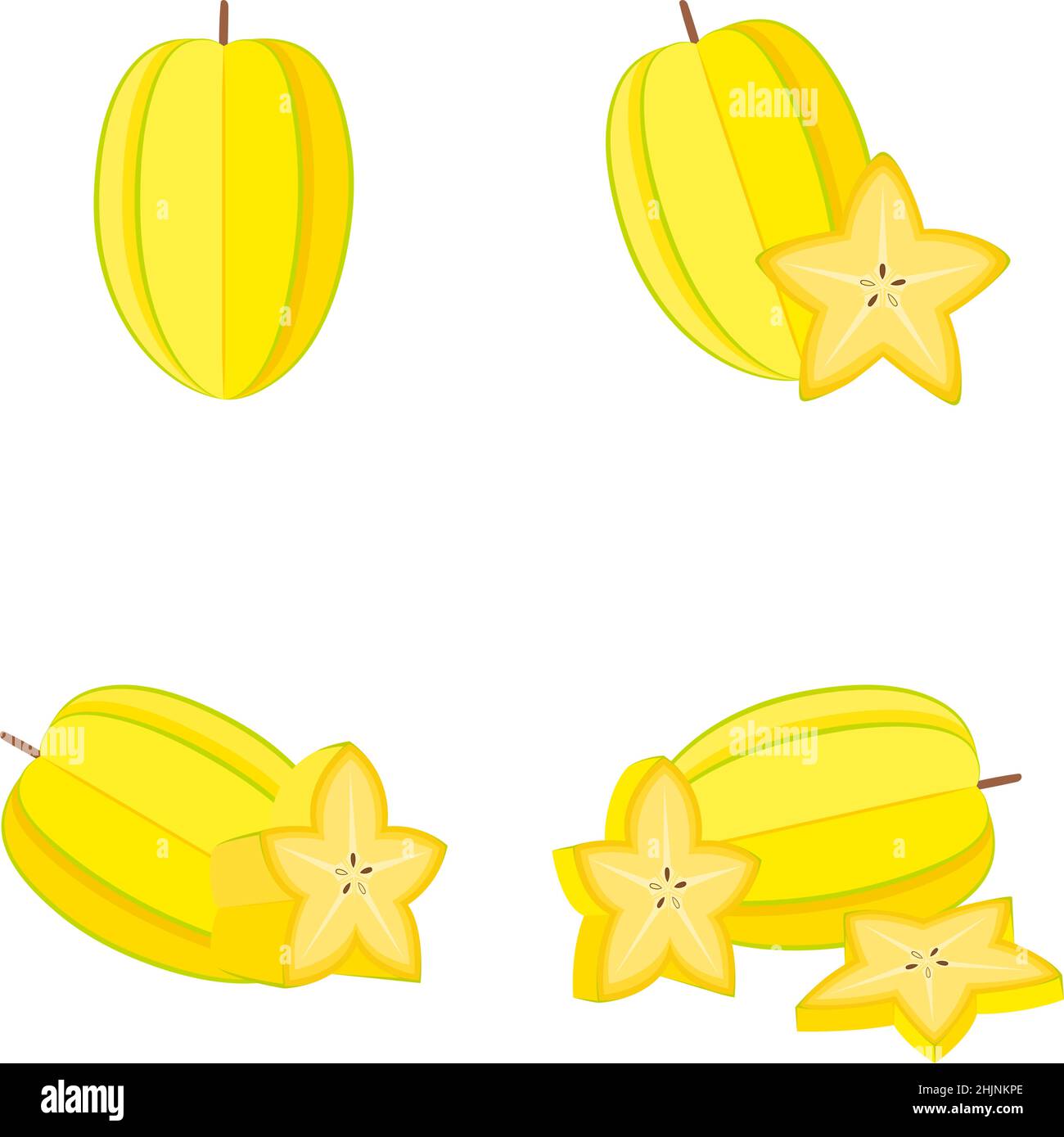 Carambola (star fruit), whole fruit, half, slice, vector illustration