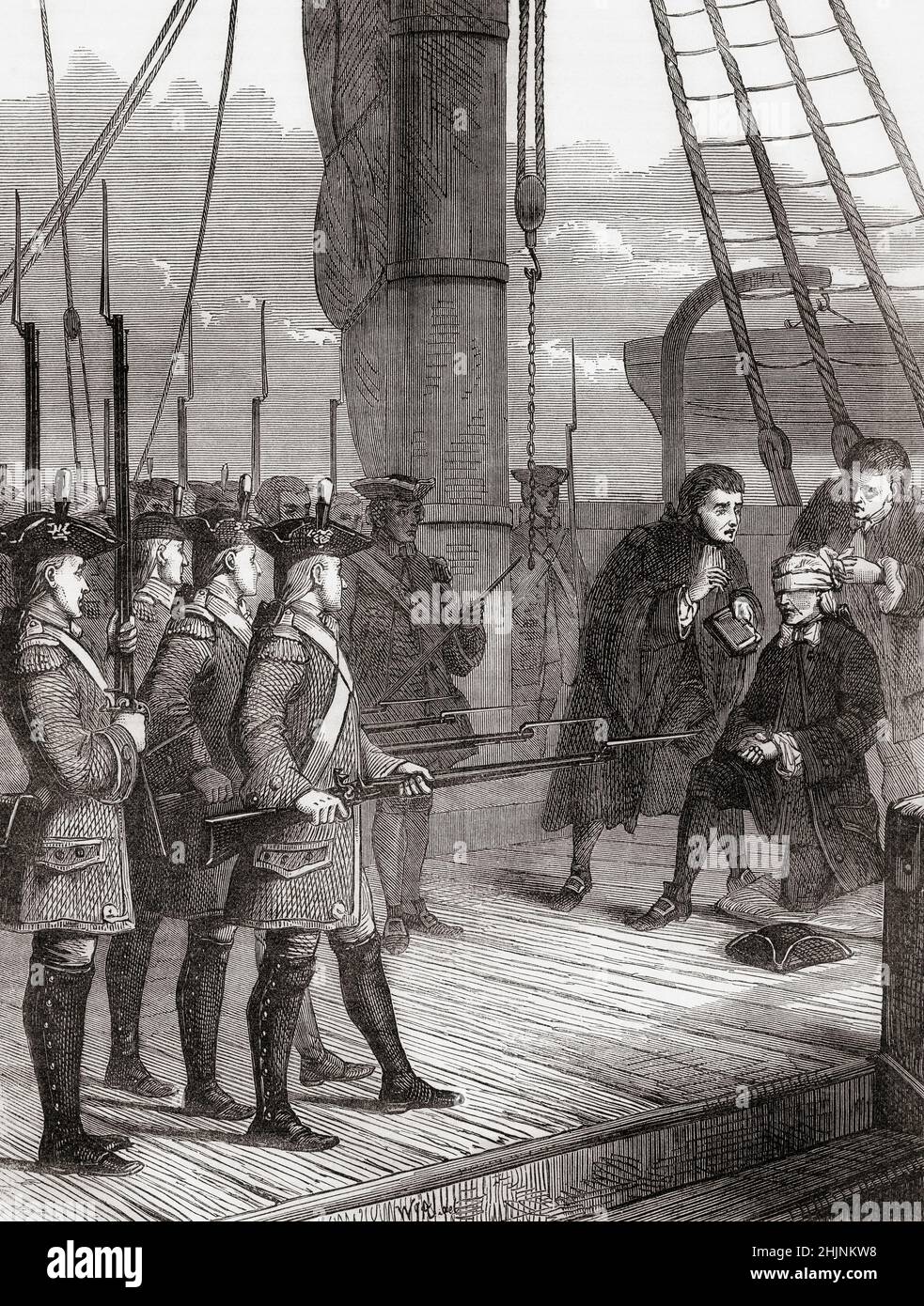 The execution of Admiral Byng on board the Monarch.  Admiral John Byng, c.1704 – 1757.  British Royal Navy officer who was court-martialled and executed by firing squad for failing to relieve a besieged British garrison during the Battle of Minorca at the beginning of the Seven Years' War.  From Cassell's Illustrated History of England, published c.1890. Stock Photo