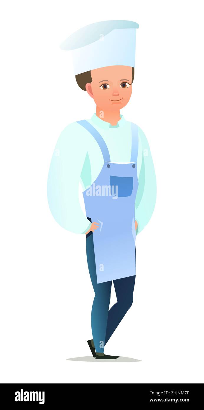 Male cook in overalls. Little boy from kitchen in an apron. Cheerful person. Standing pose. Cartoon comic style flat design. Single character Stock Vector