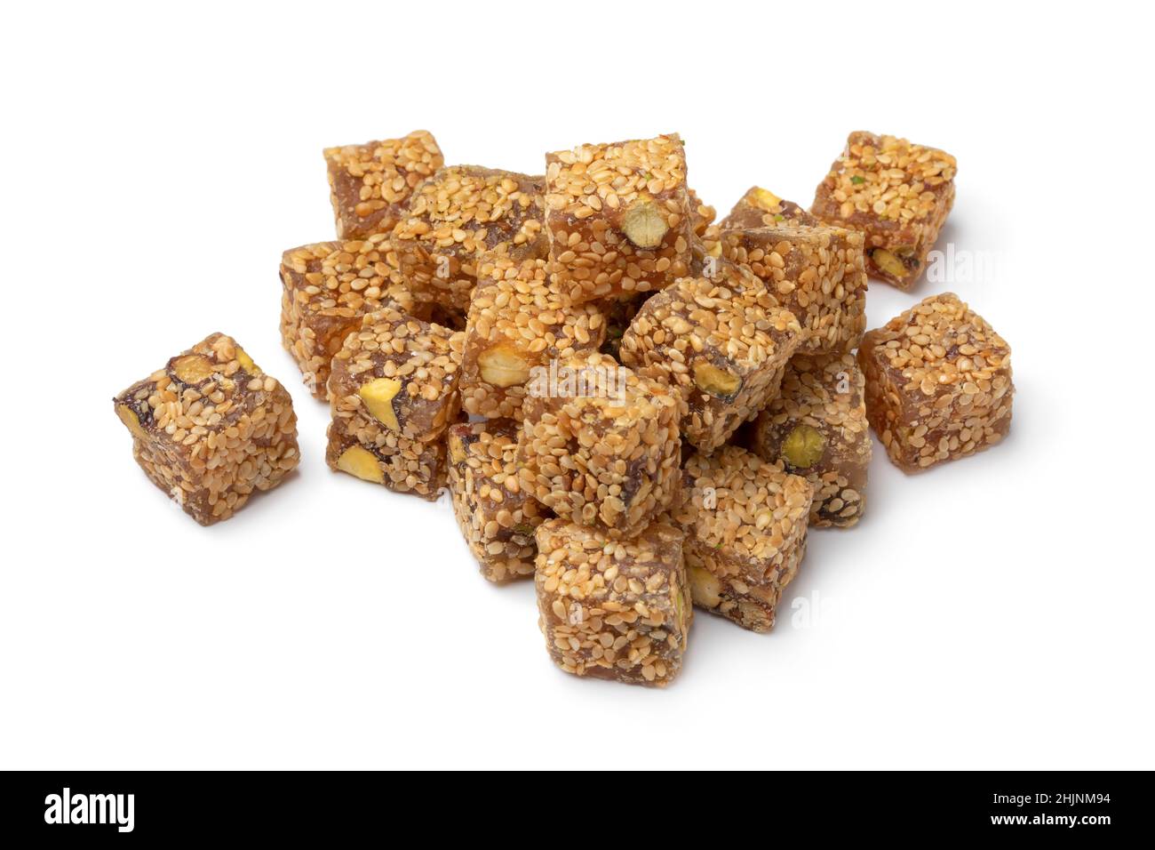 Heap of Turkish delight., lokum, with sesame seed and pistachio nuts