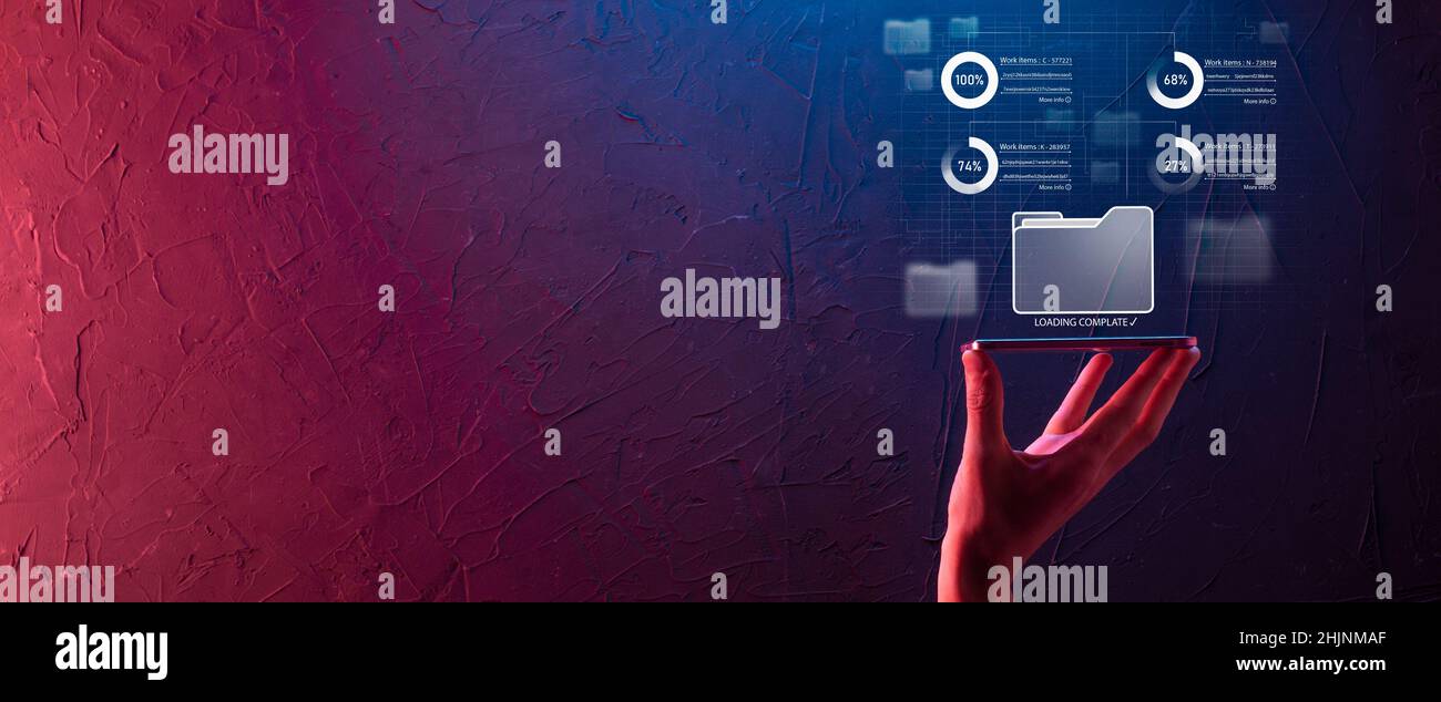Business developer hand using board framework on virtual modern computer showing innovation Agile software development lean project management tool fa Stock Photo