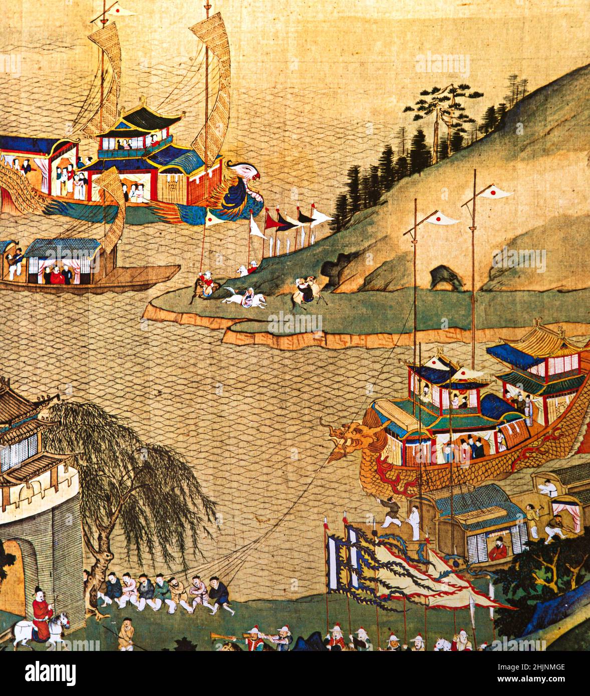 Chinese silk mural of a ship in port Stock Photo