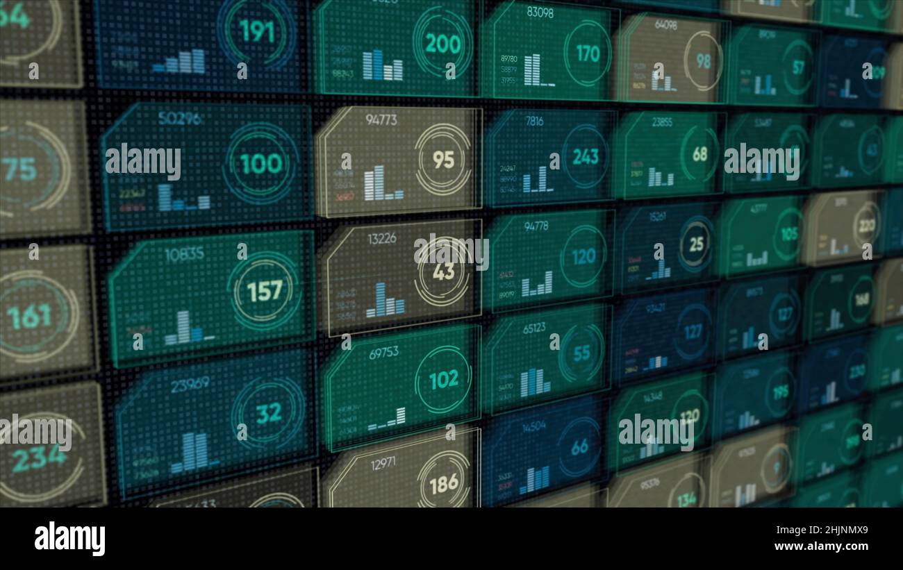 Abstract digital display with colorful rows of small cells or ...