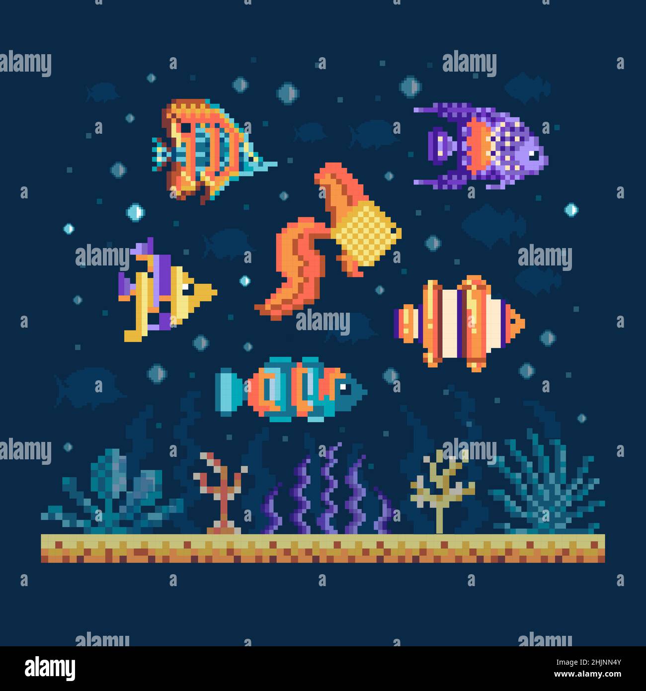Pixel Art Fishes on Seabed Underwater Landscape Stock Vector