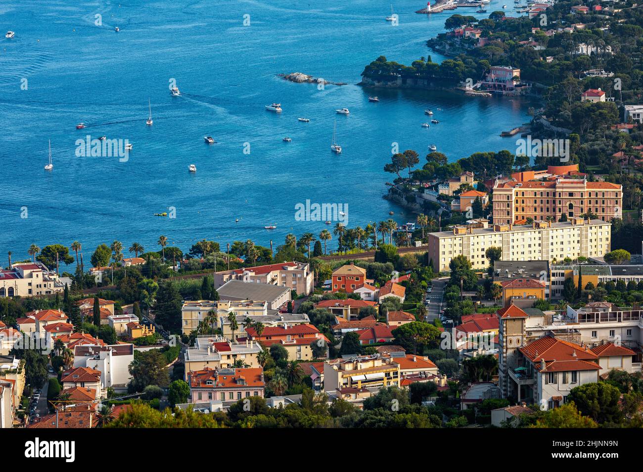 View from above of town on Mediterranean sea coastline on French Riviera. Stock Photo