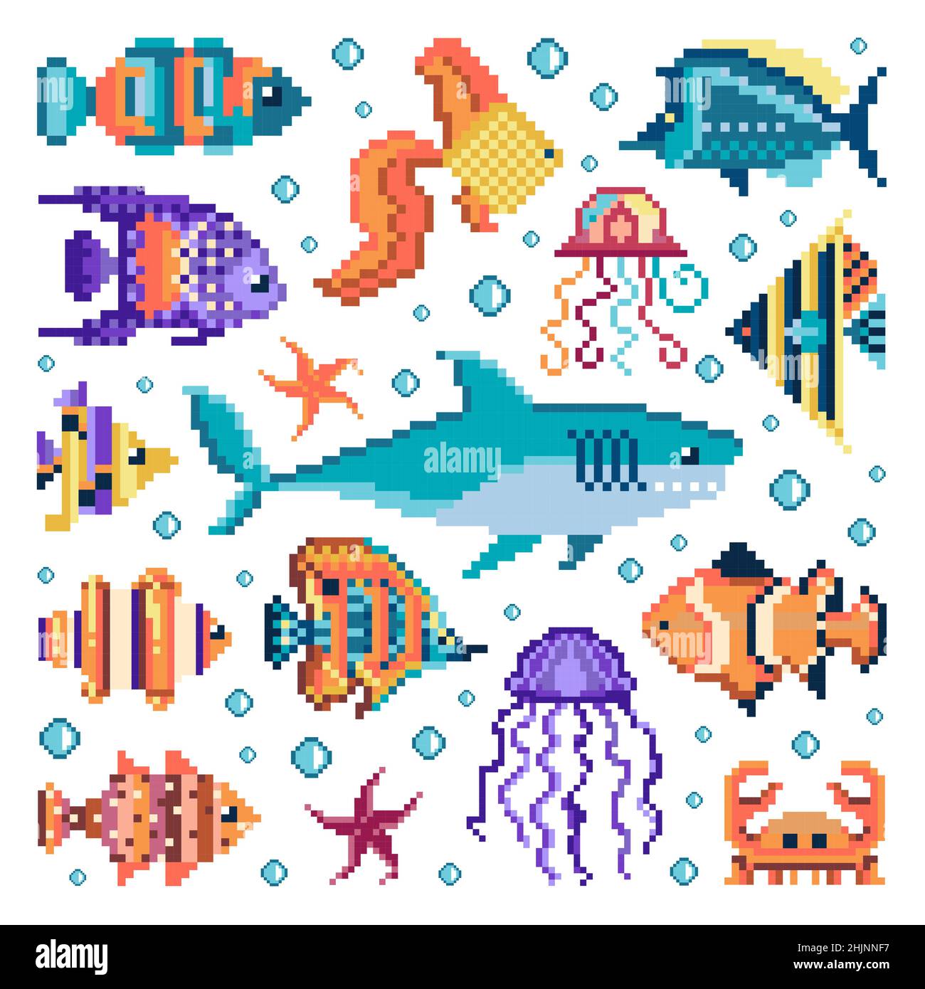 Pixel Art Fishes and Sea Animals Set Stock Vector