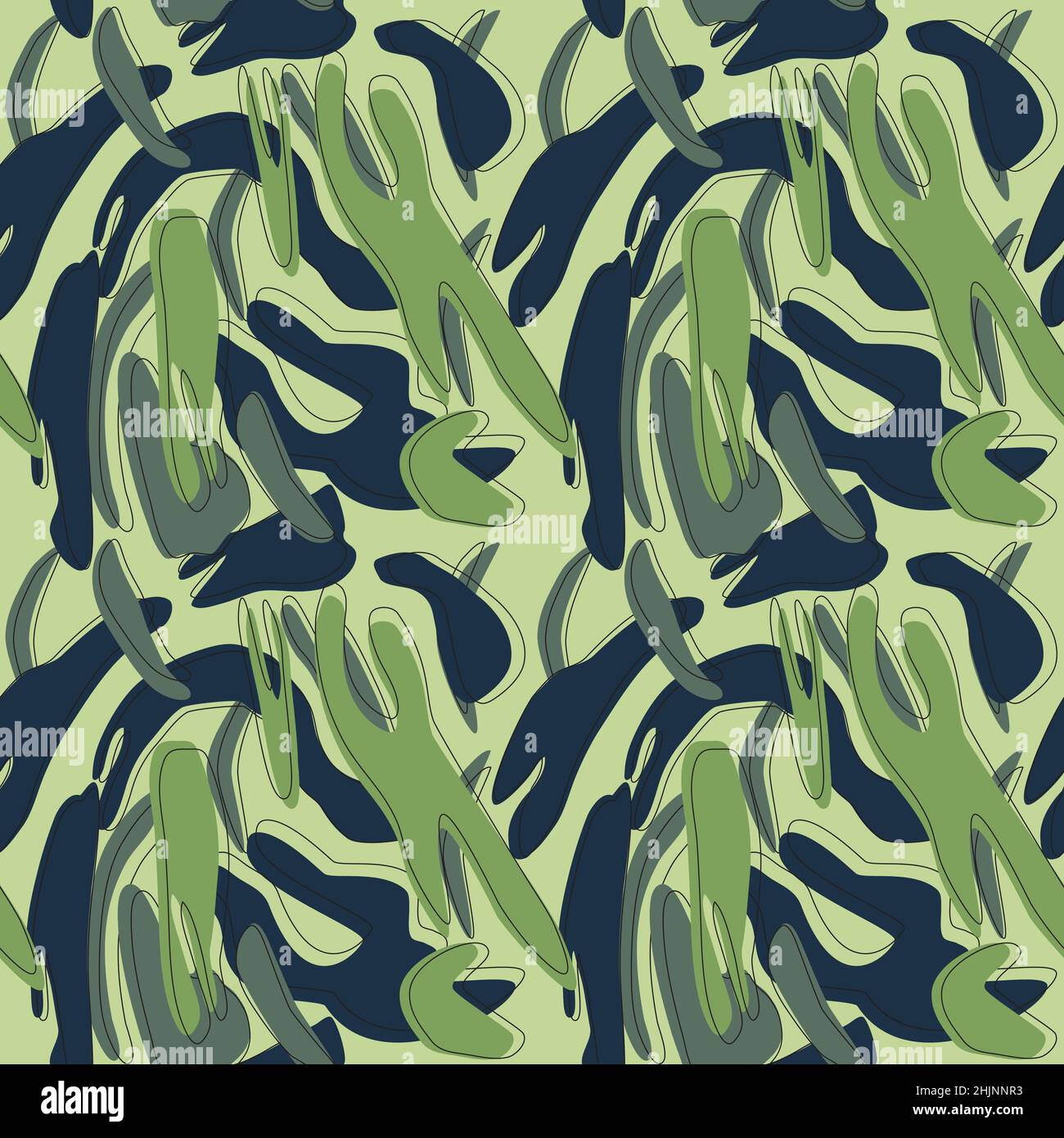 Camouflage pattern background seamless vector illustration. Modern clothing style masking camo repeat print outline doodle. Green blue navy pastel col Stock Vector