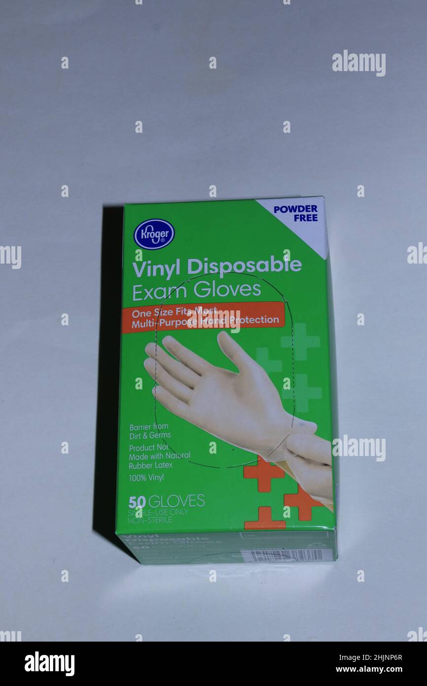 Kroger Vinyl Disposable gloves in a green box shot closeup Stock Photo