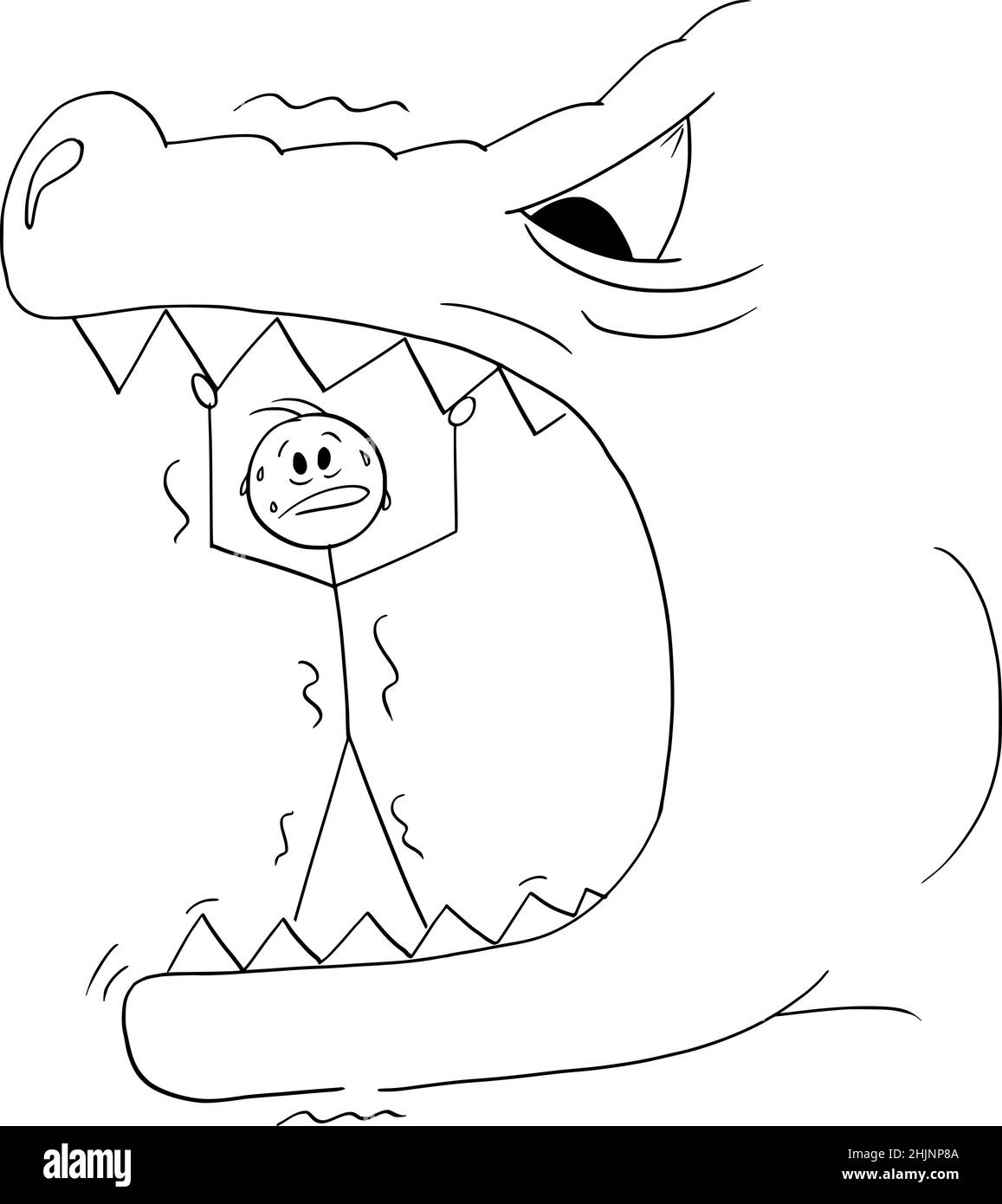 Person Under Pressure in Mouth of Beast or Monster , Vector Cartoon