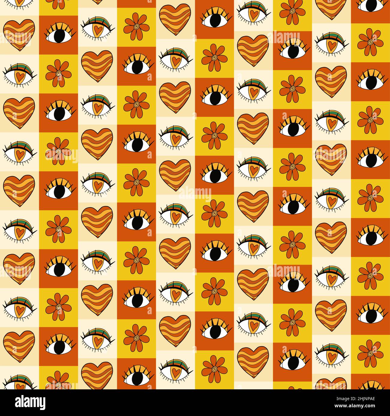 Retro 70s Seamless pattern for Valentine's Day. Hand drawn Hearts with ...